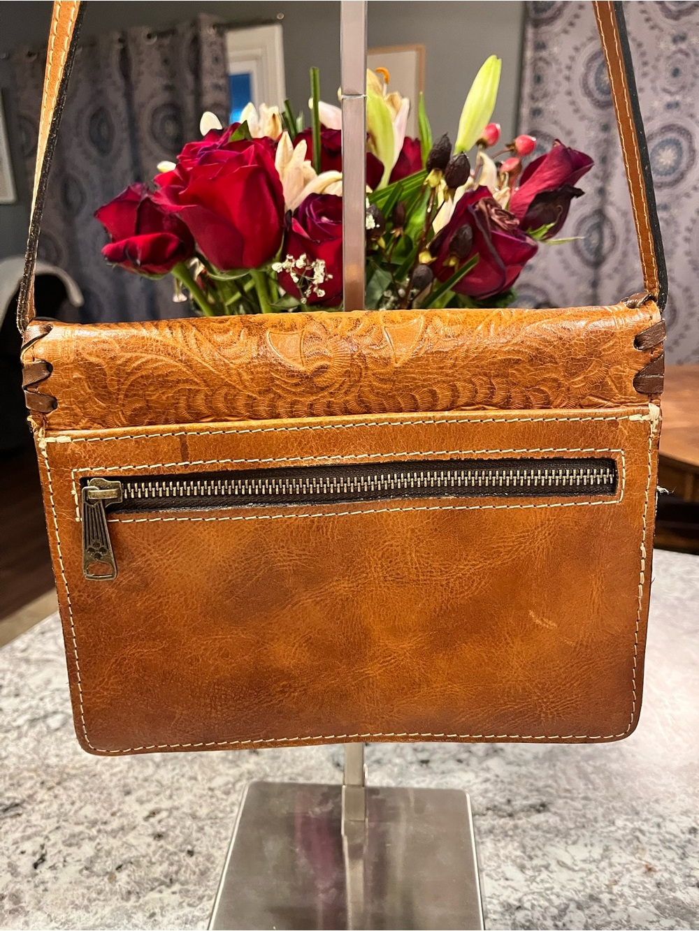 Patricia Nash Hand-Tooled Tan Leather Crossbody Bag EUC - Picture 3 of 16